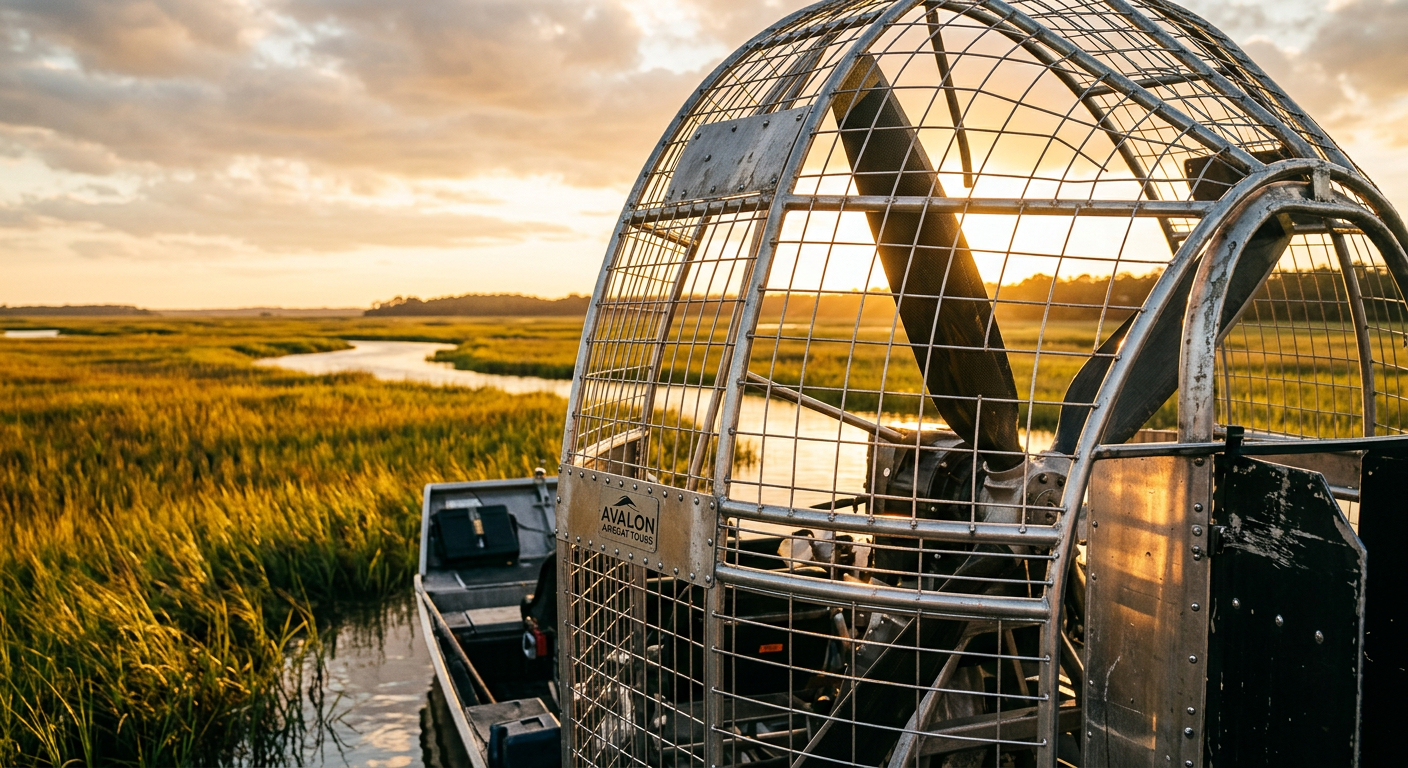 Close up of a massive airboat propeller cage reflecting the sun over the Savannah marsh grass
