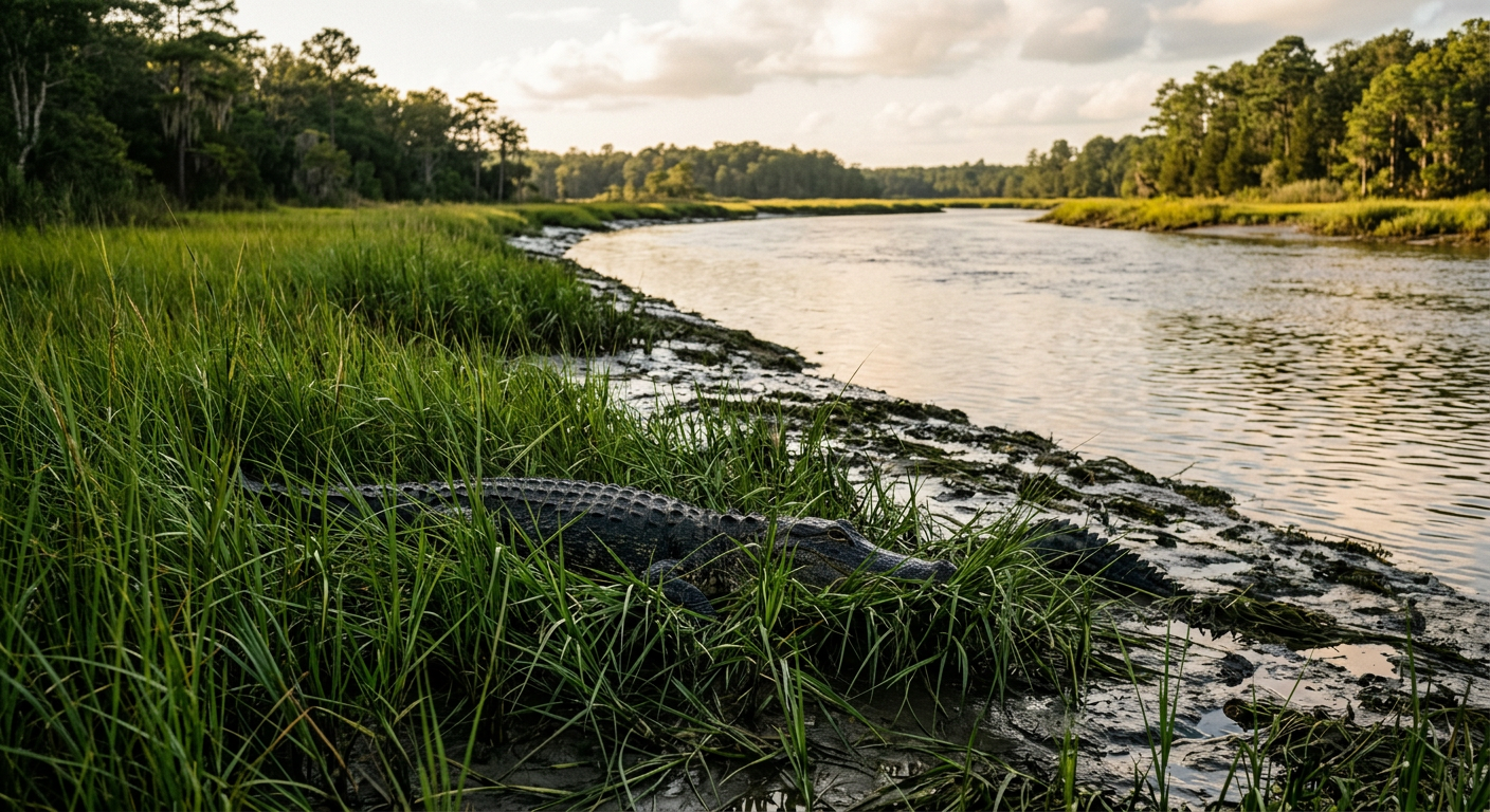 An alligator barely visible in the spartina grass along a muddy Georgia riverbank