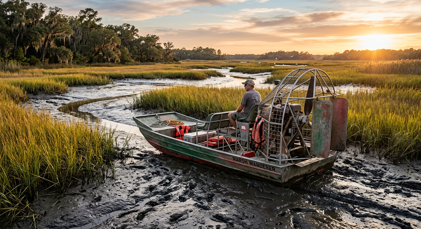 An airboat resting on thick dark mud during low tide in a Savannah marsh