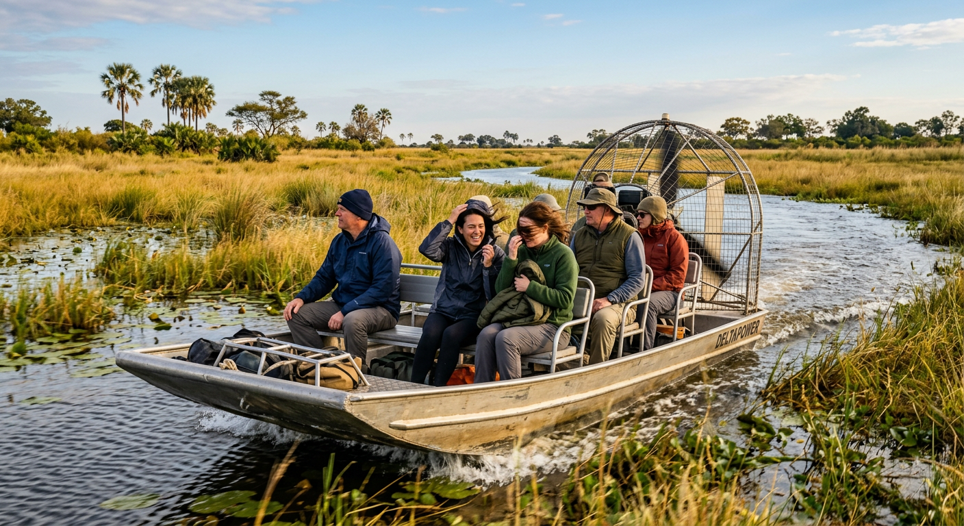Passengers in casual outdoor clothing bracing against the wind on an airboat moving through a grassy Savannah tidal creek