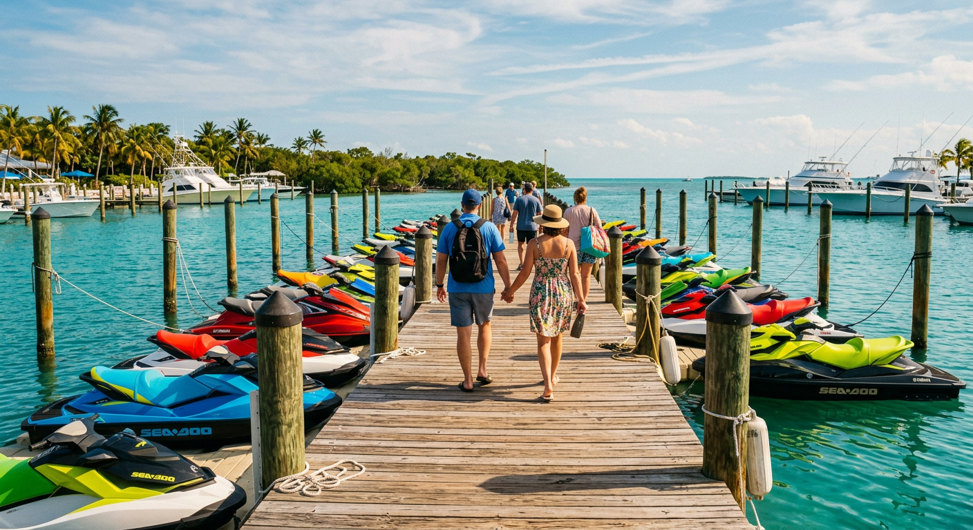 Tourists walking down a sun-drenched wooden dock lined with jet skis in Key Largo