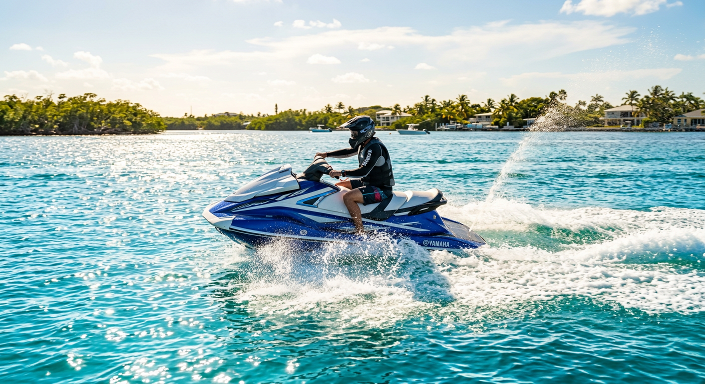 A rider on a Yamaha Waverunner cutting through bright, reflective water in Key Largo