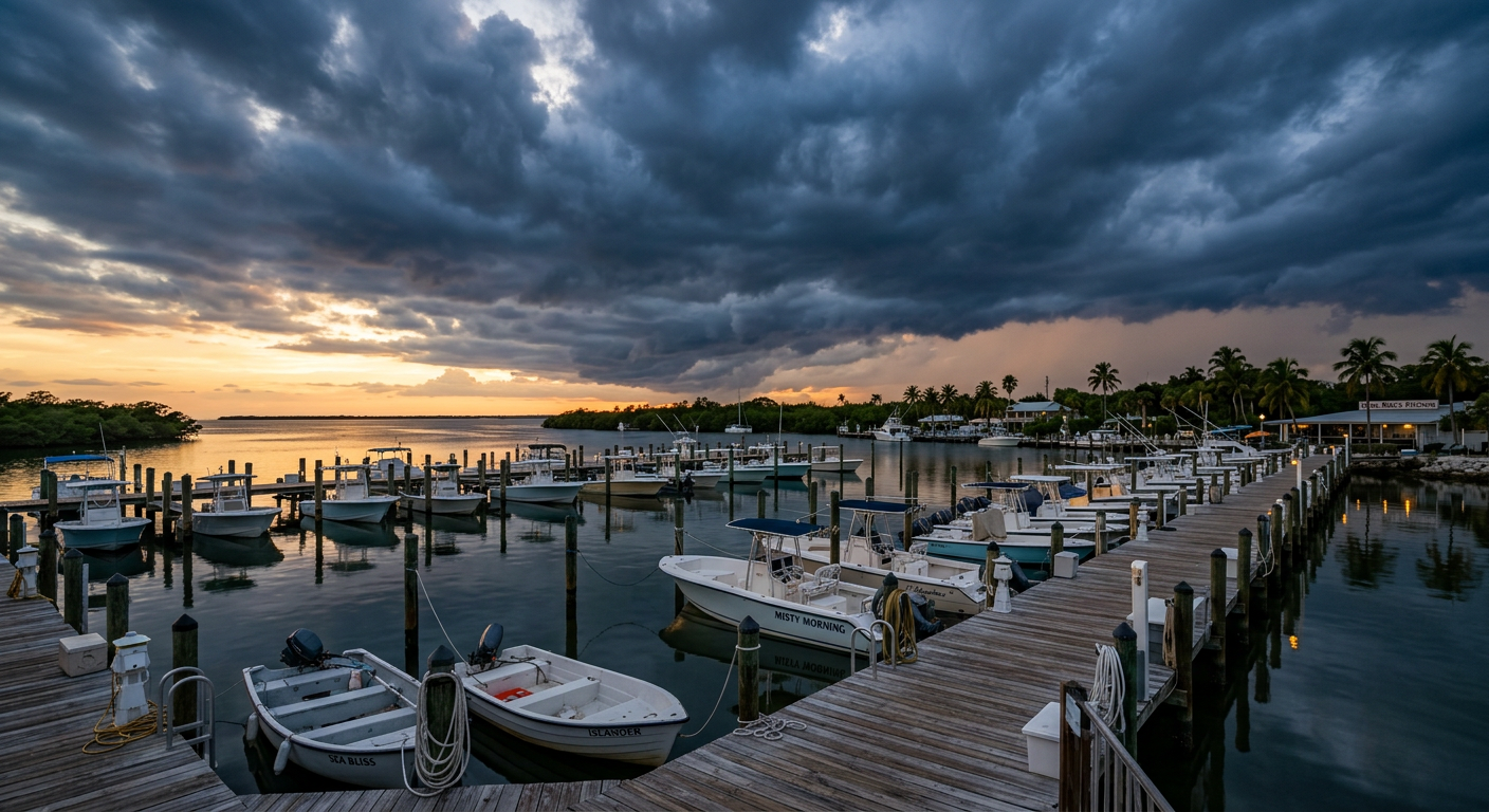 Dark thunderclouds rolling over a quiet Key Largo marina with small boats docked against the wooden pier