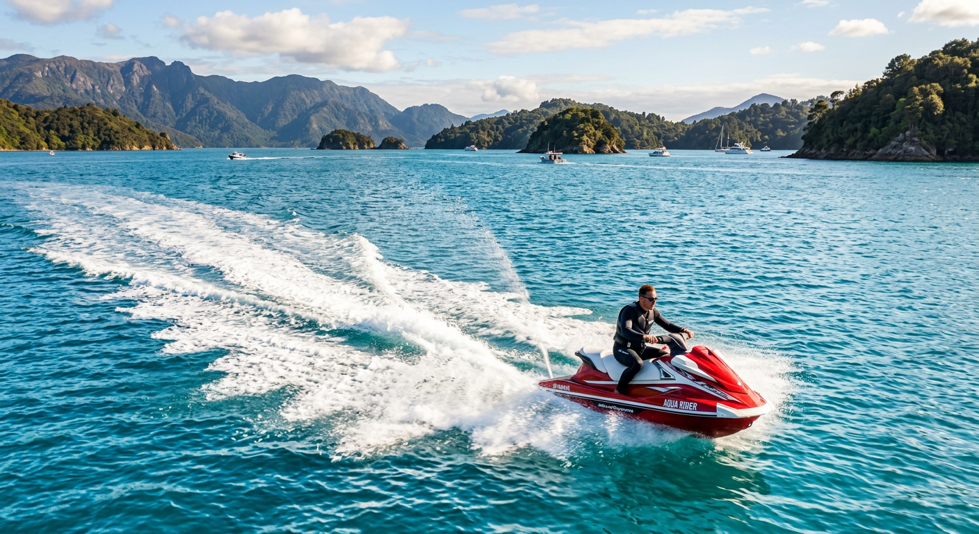 A rider on a jet ski crossing an open blue sound and leaving a white wake