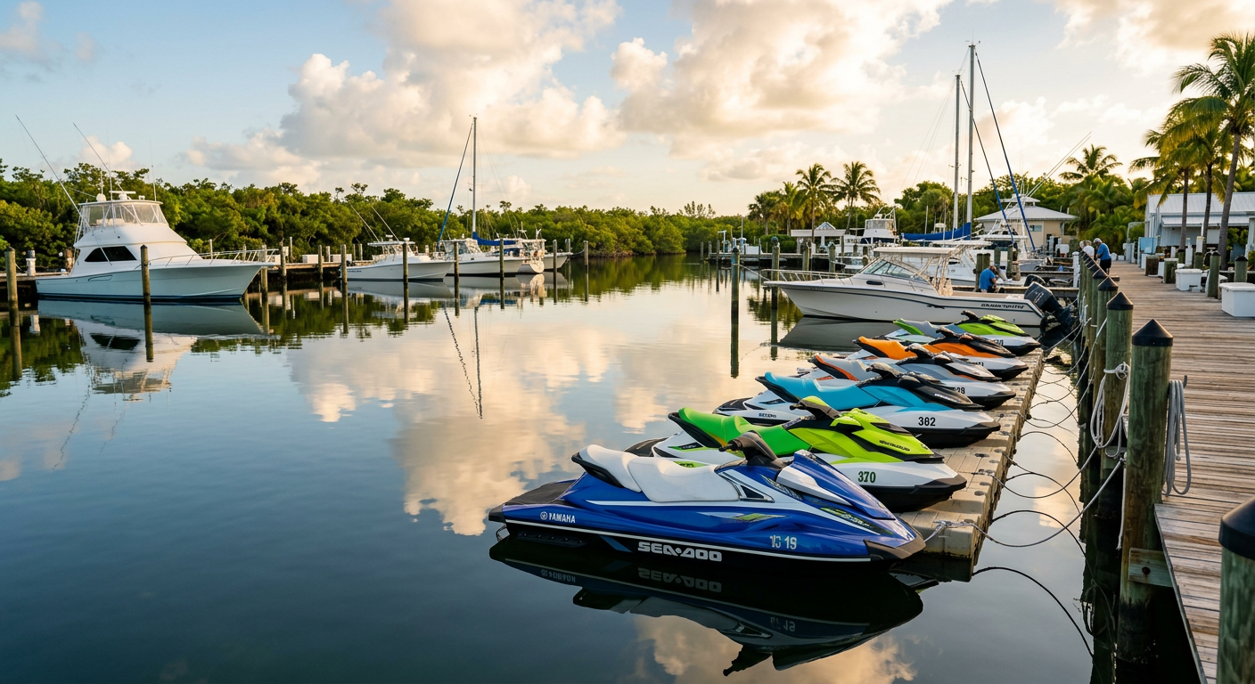A quiet Key Largo marina at 8:30 AM with flat water and jet skis docked