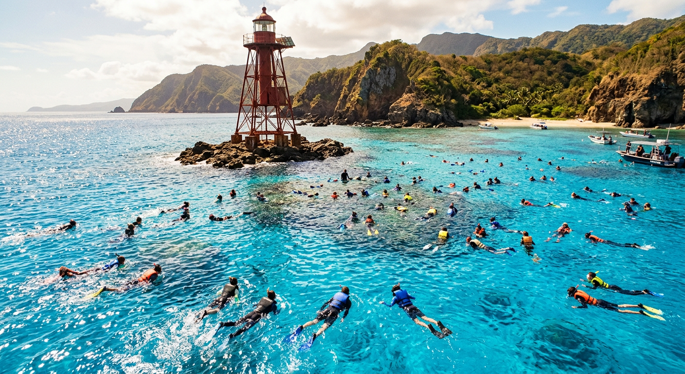 Dozens of snorkelers floating in bright blue water near a red iron lighthouse structure