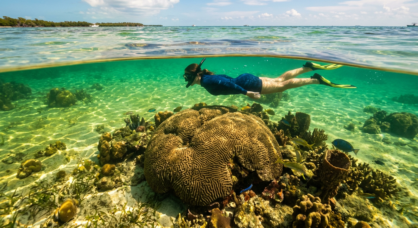 A snorkeler swimming over a large brain coral formation in the shallow green waters of the Gulf side of Key West