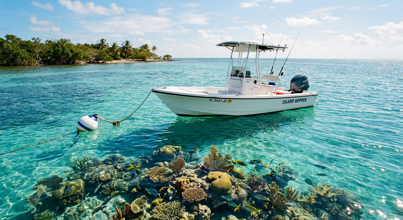 A small white center console boat tied to a mooring buoy near a shallow coral reef in the Florida Keys