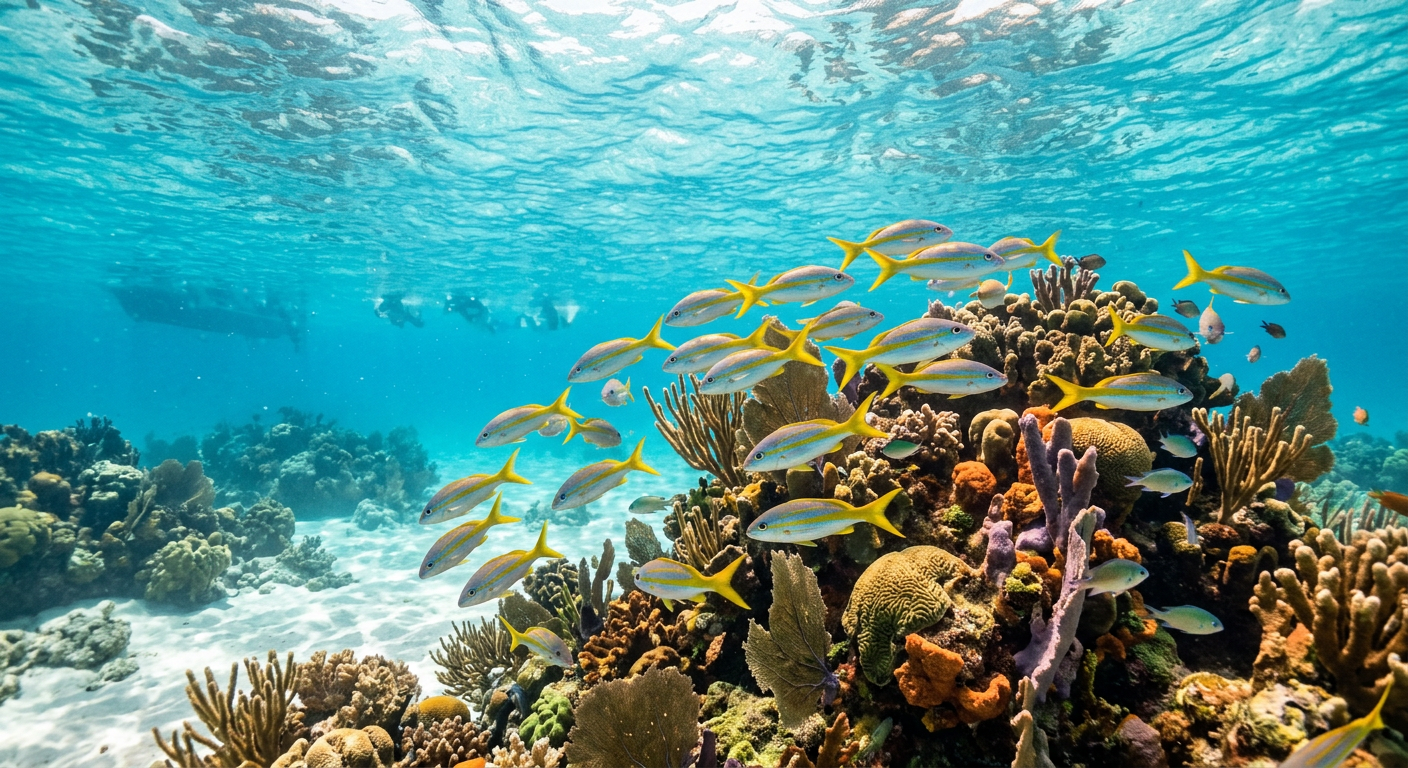 Yellowtail snapper swimming around a shallow coral head in clear Florida Keys water