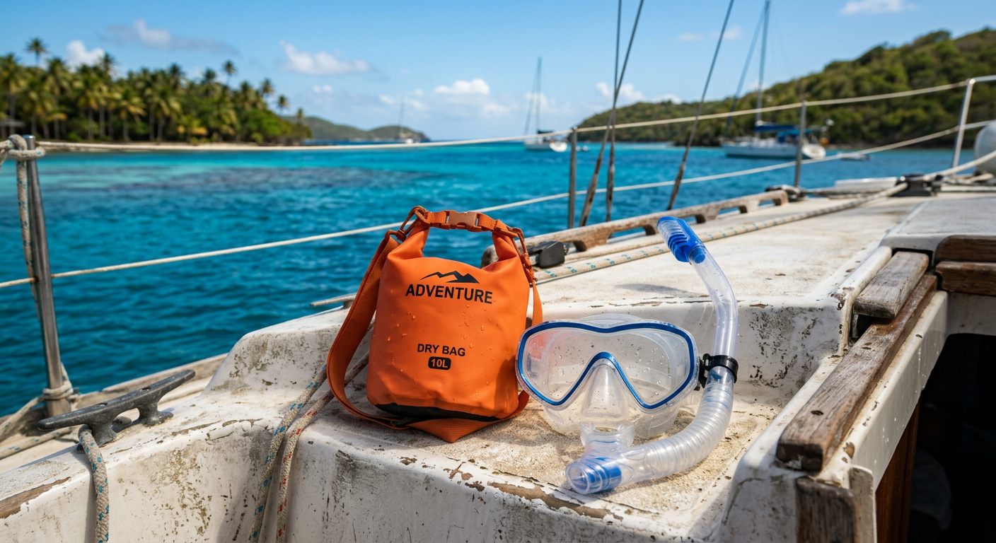 A small waterproof dry bag and a clear silicone snorkel mask sitting on the weathered fiberglass deck of a boat