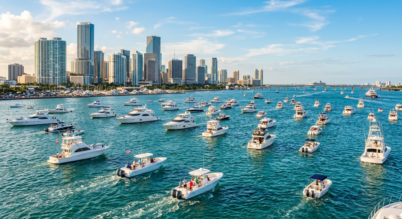 Dozens of white yachts and center console boats navigating the busy waters of Biscayne Bay near the Miami skyline