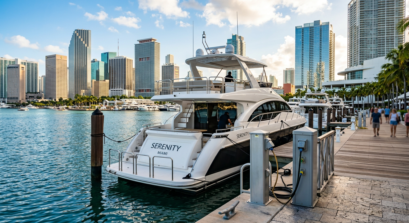 A sleek charter boat docked near a gray aluminum pedestal on a Miami waterfront