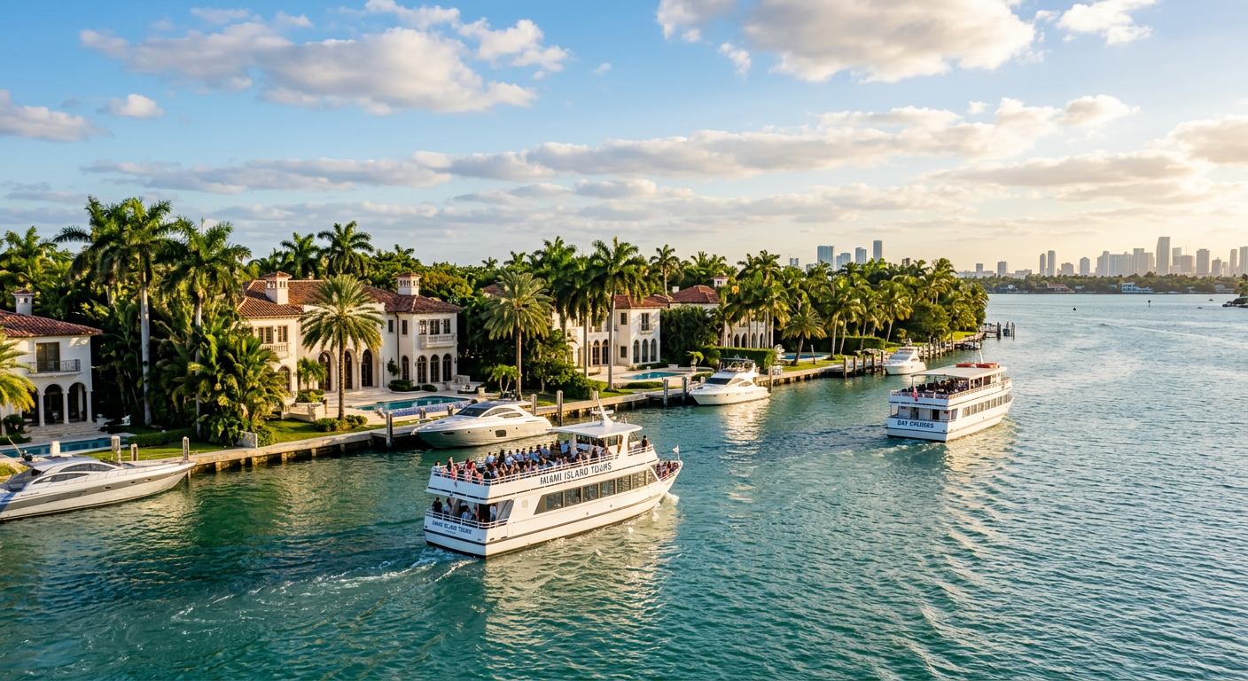Tour boats idling past large waterfront mansions with palm trees on Miami's Star Island