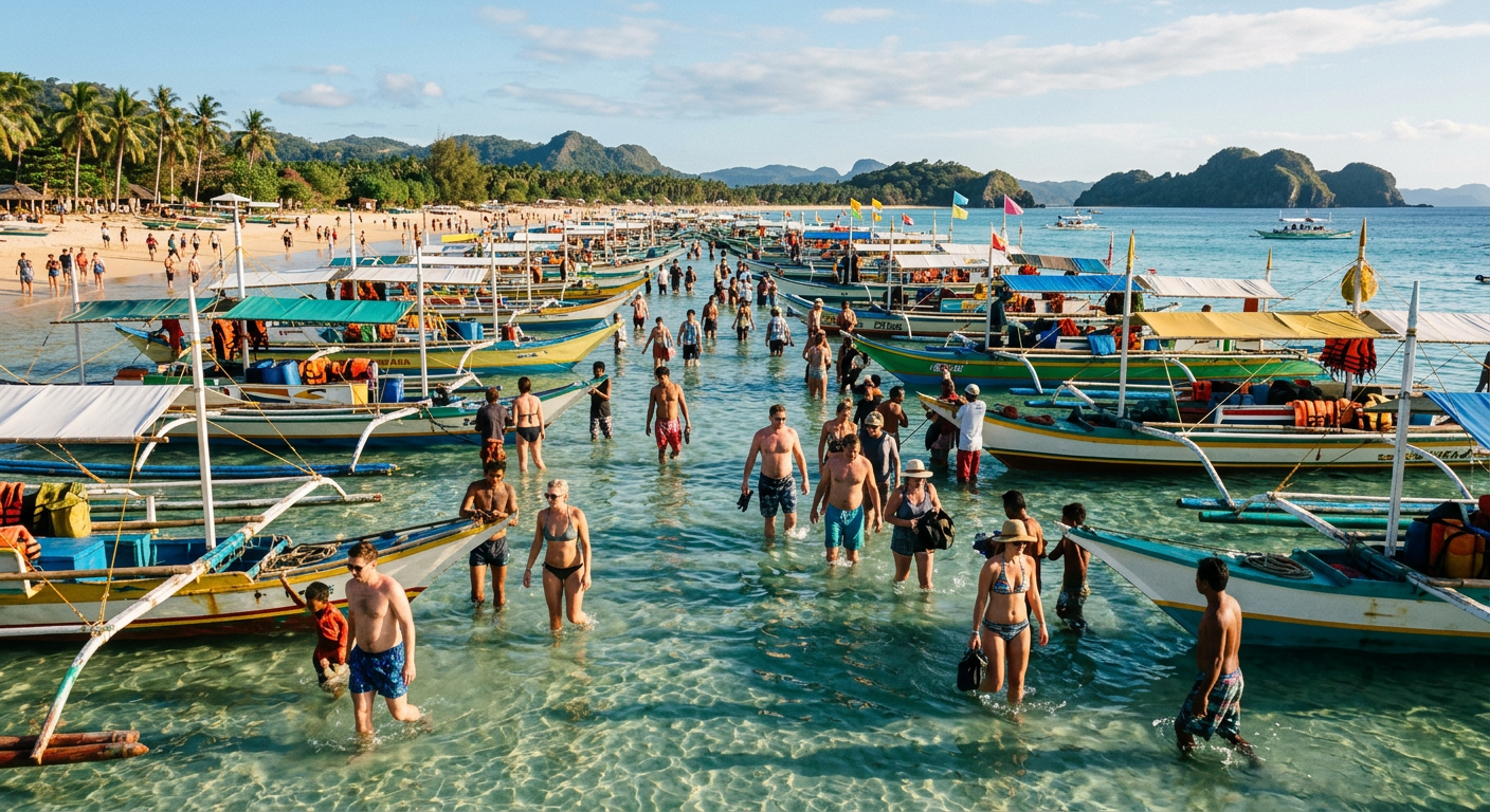 Numerous boats lined up side-by-side in shallow, clear water while people wade between them