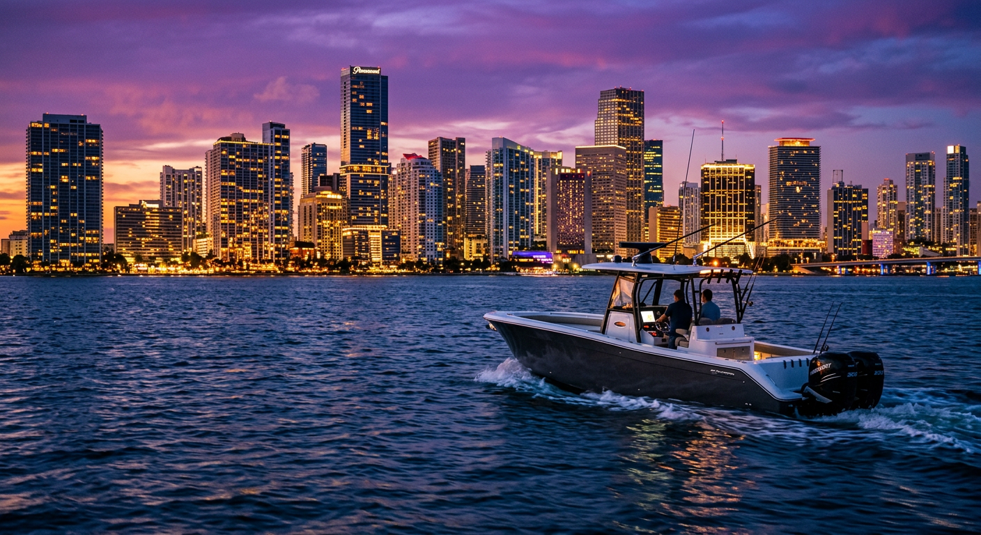 A sleek center console boat cruising across a dark blue bay with the Miami skyline glowing under a purple sunset sky