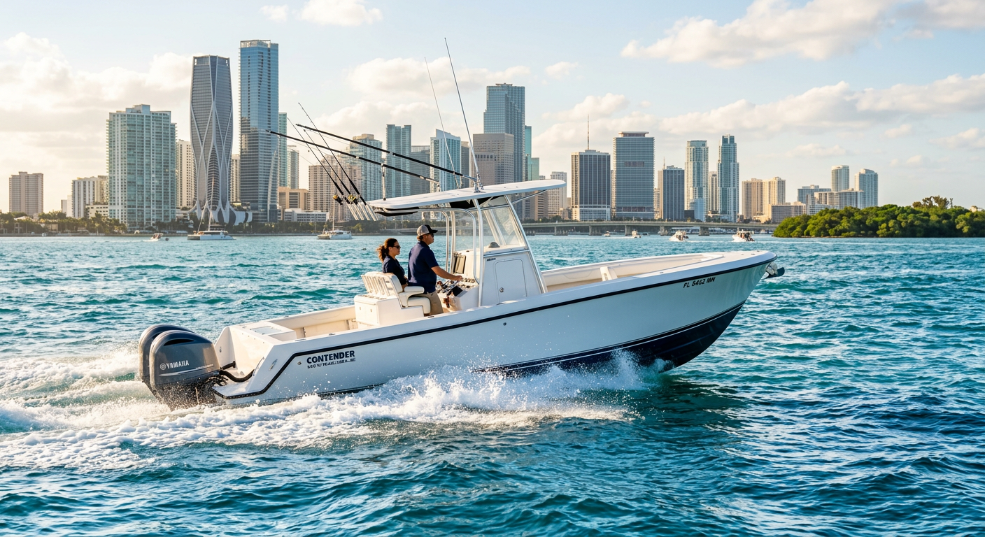 A sleek center console boat bouncing lightly over blue waves in Biscayne Bay with the Miami skyline in the background