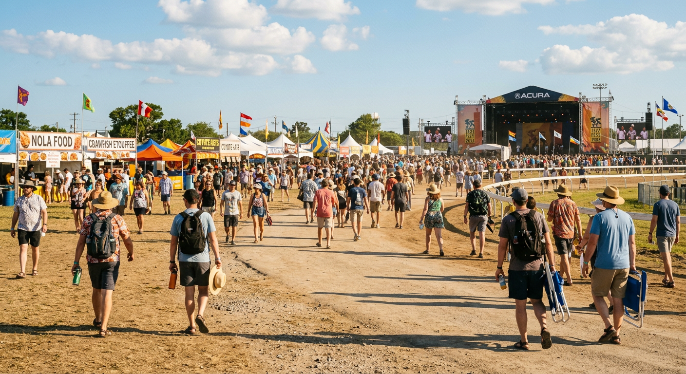 Festival goers walking across the vast dirt track of the Fair Grounds in New Orleans under a bright afternoon sun