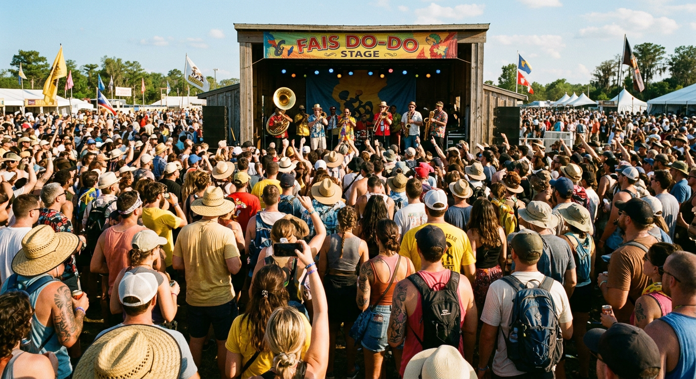 Festival attendees standing shoulder to shoulder near the Fais Do-Do stage, listening to a brass band under the afternoon sun