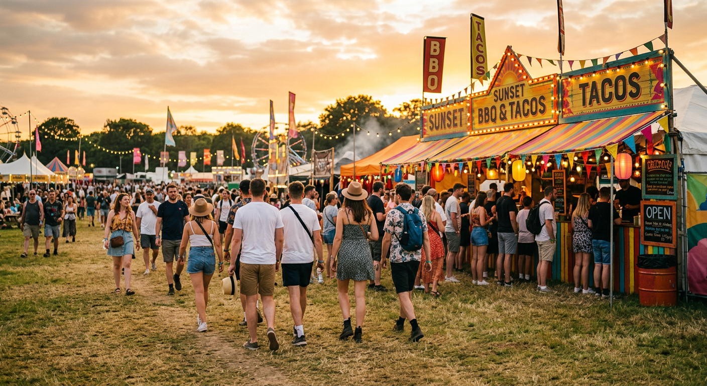 Festivalgoers walking across the grass at the Fair Grounds past a bright food stall
