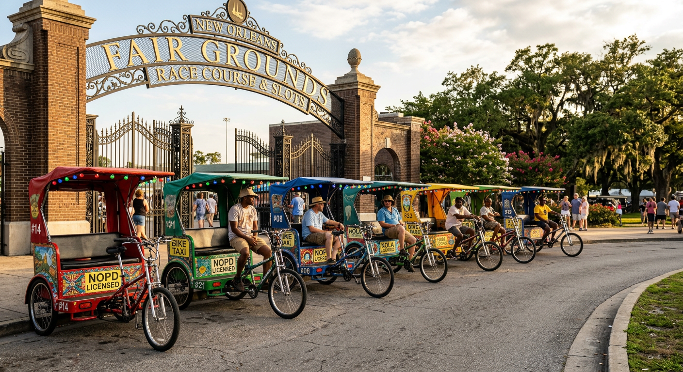 A row of pedicabs waiting outside the Fair Grounds in New Orleans