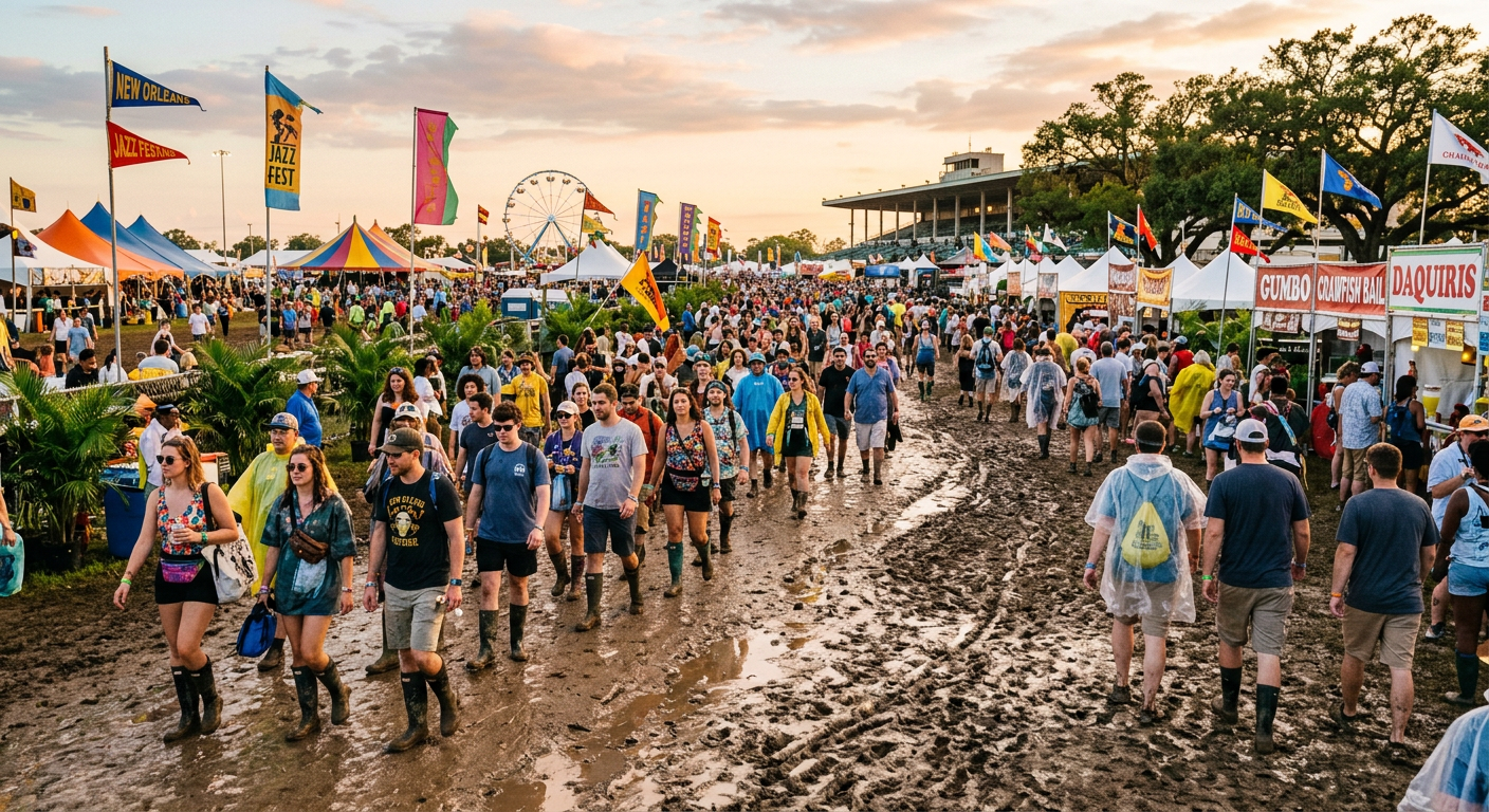 Festival goers walking through the muddy dirt track at the Fair Grounds in New Orleans