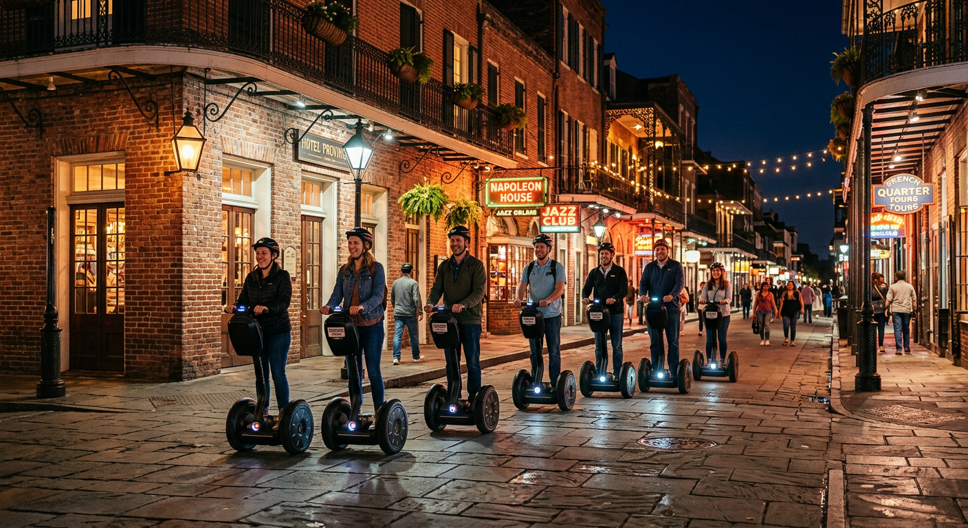 A group riding Segways past historic brick buildings at night in the French Quarter