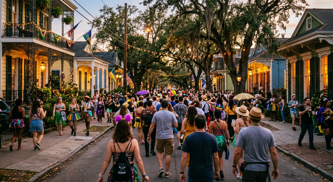 Festivalgoers walking down a tree-lined New Orleans neighborhood street at dusk