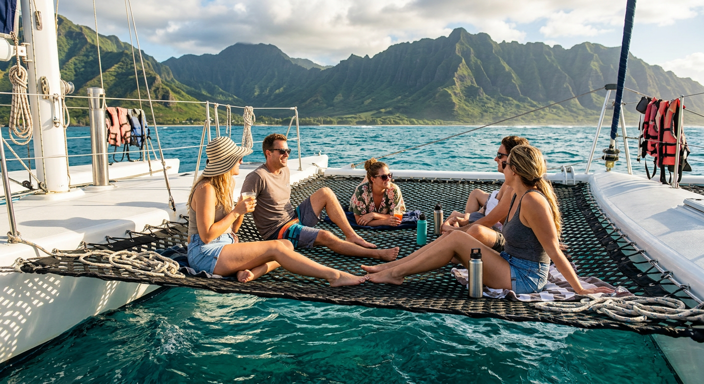 Passengers sitting on a large catamaran netting over the ocean off the coast of Oahu