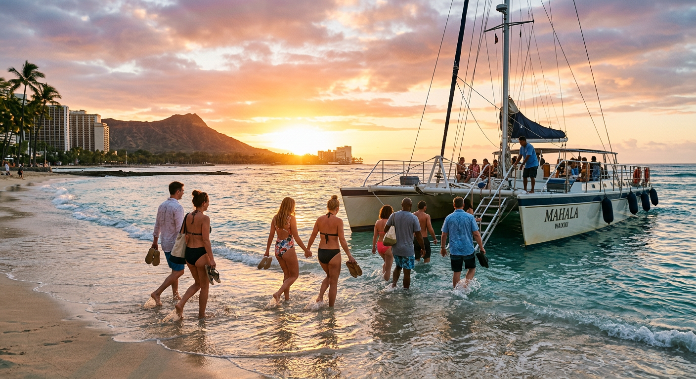 Passengers wading into the knee-deep surf at Waikiki beach to board a sunset catamaran