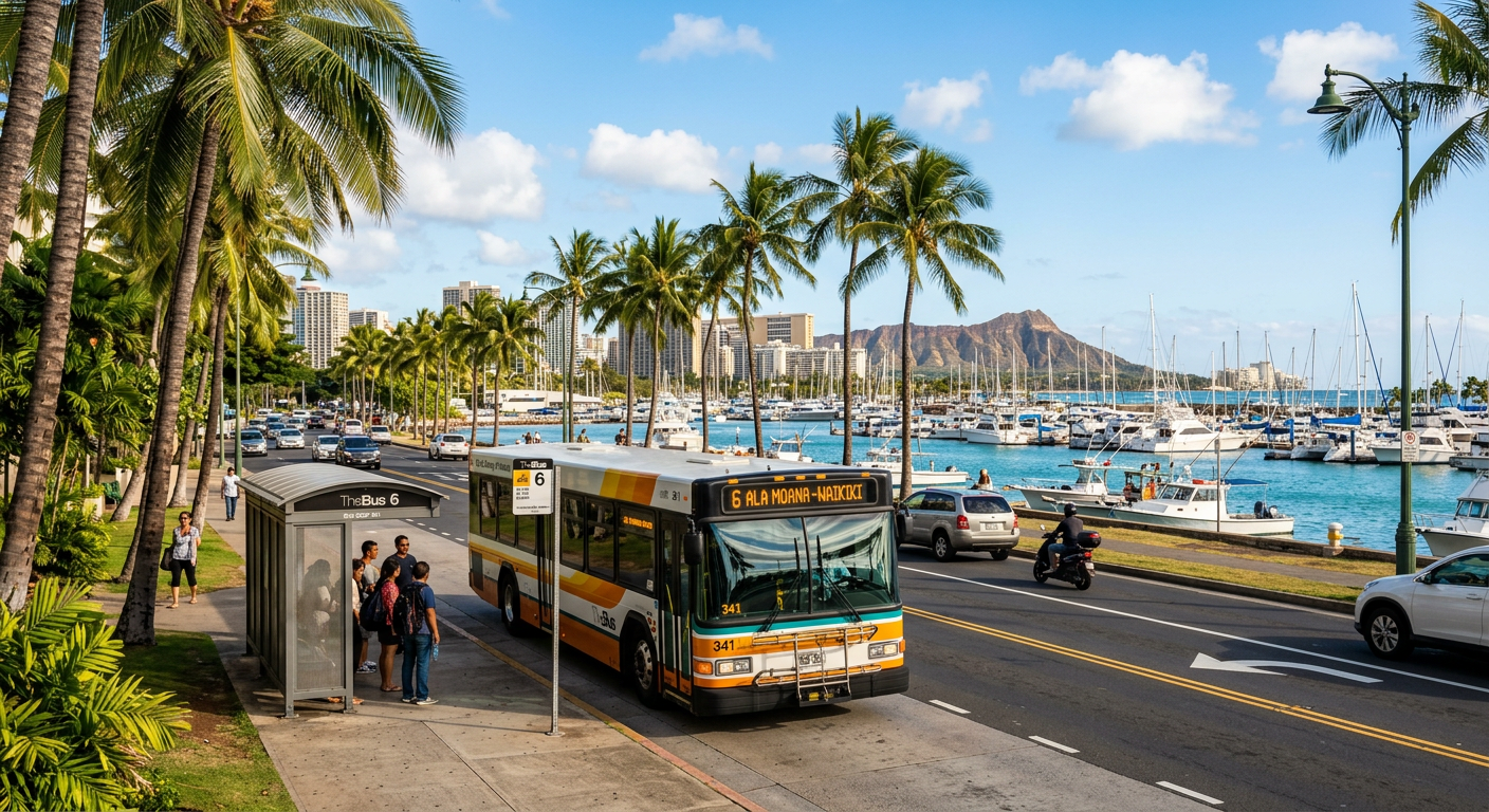 A Honolulu public bus pulling up to a palm-lined stop along Ala Moana Boulevard near Kewalo Basin harbor