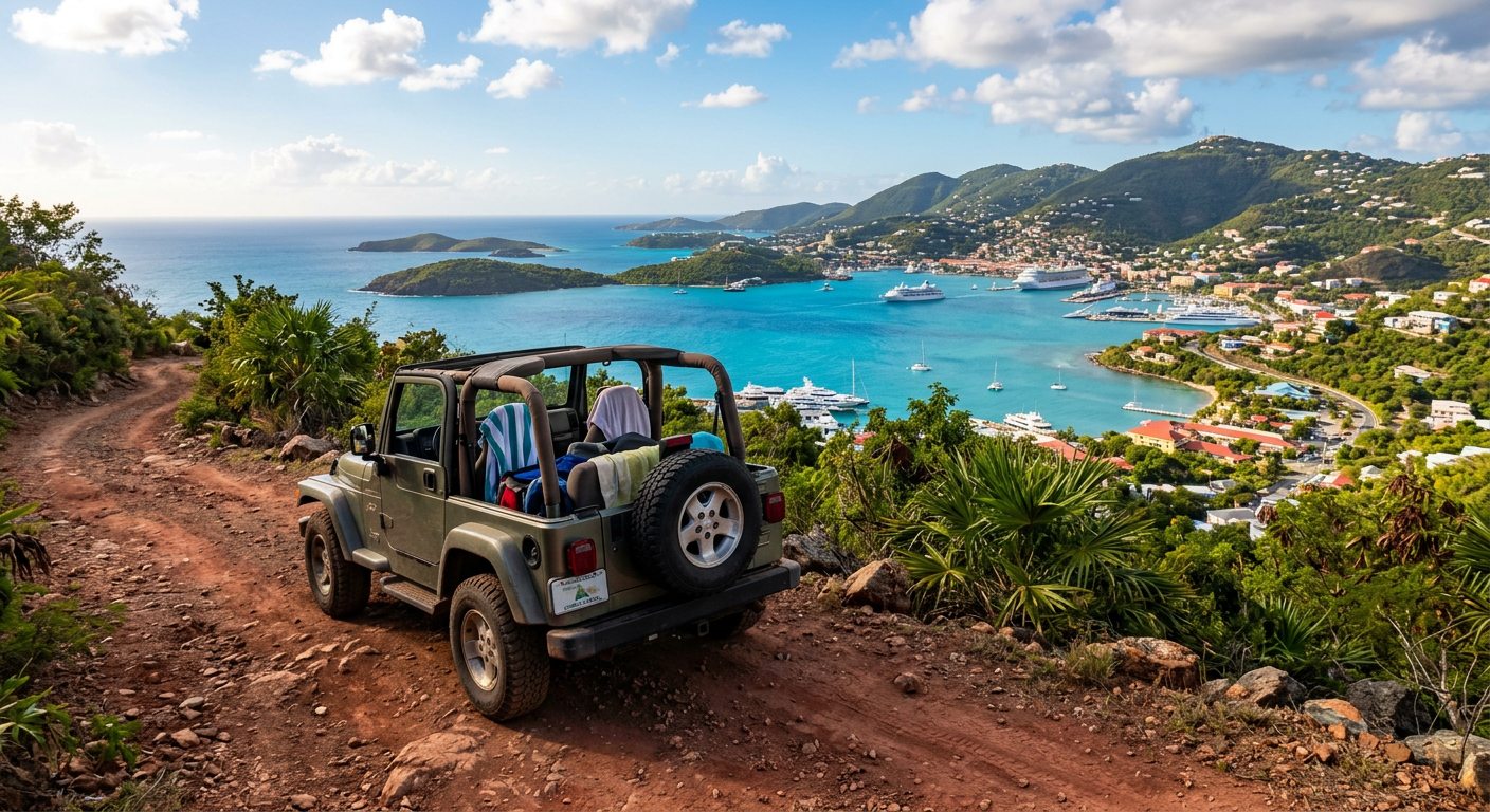 Open-air jeep parked on a dirt road overlooking the blue waters of Charlotte Amalie in St. Thomas