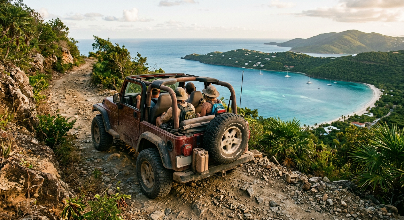 Dusty open-air jeep navigating a steep, rocky trail overlooking Magens Bay in St Thomas