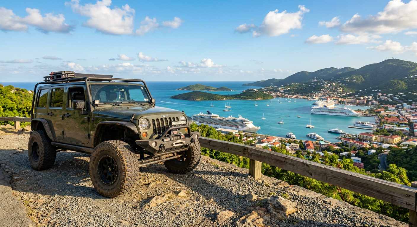 A lifted Jeep Wrangler parked on a gravel overlook high above the harbor in Charlotte Amalie