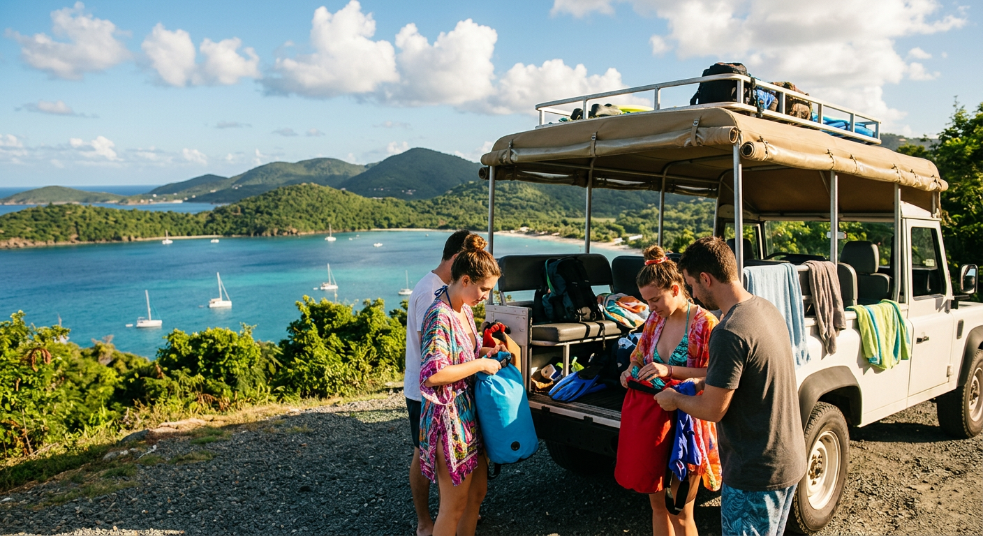 Tourists wrapping wet swimsuits in dry bags beside an open-air vehicle in St. Thomas