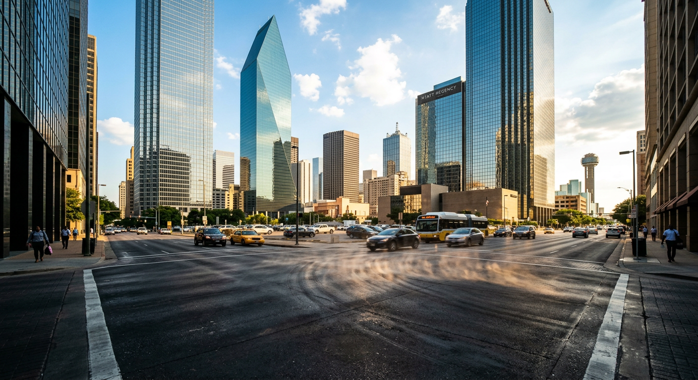 Heat waves radiating off the dark pavement of downtown Dallas streets near tall glass skyscrapers