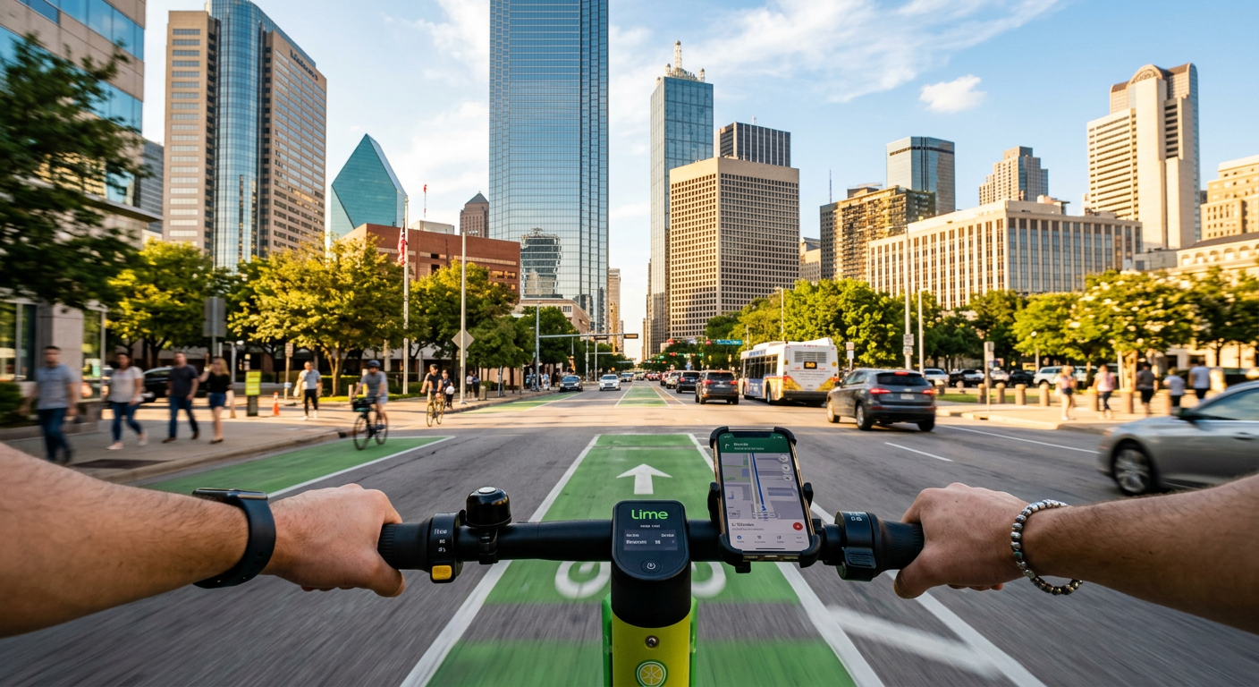 First-person view over the handlebars of an electric scooter moving down a sunlit Dallas street past tall glass and stone skyscrapers