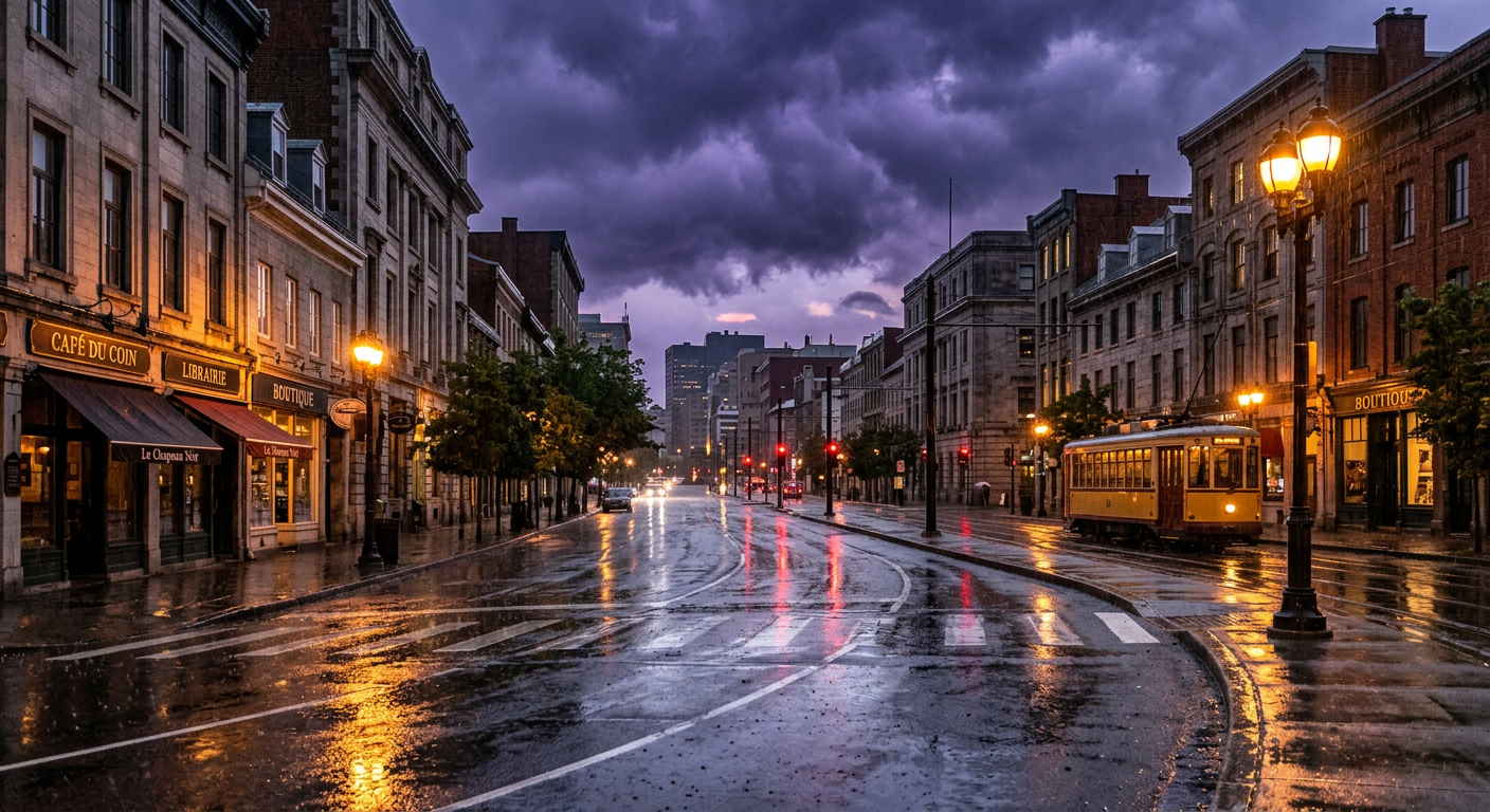 Heavy rain pooling on empty asphalt streets beneath a dark purple storm cloud in a downtown urban area