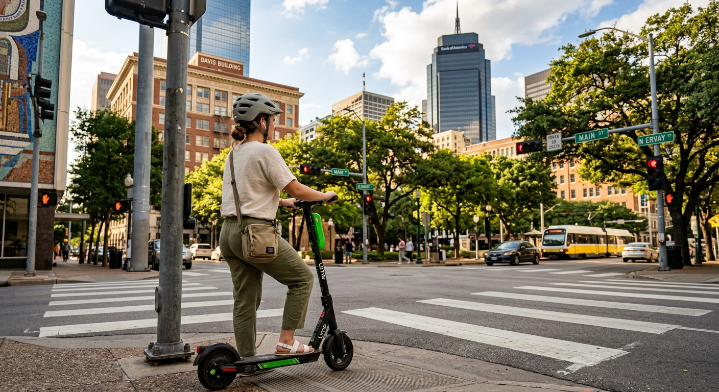 A rider on an electric scooter paused at a shaded downtown Dallas intersection wearing light, breathable clothing