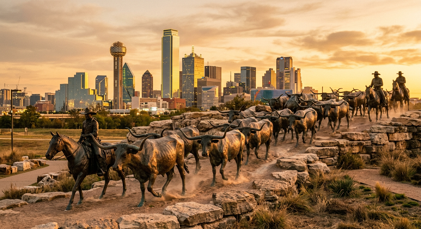 Bronze statues of longhorns in downtown Dallas glowing under the soft light of golden hour