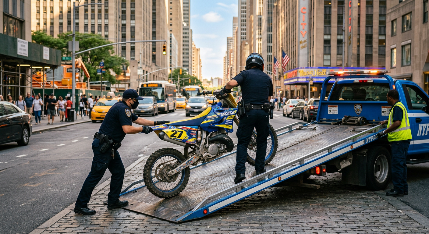 NYPD officers loading a confiscated dirt bike onto a flatbed tow truck in Manhattan