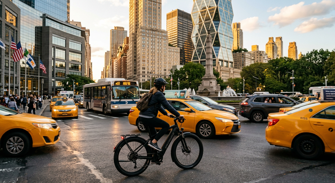 A rider navigating a black Class 3 electric bicycle through heavy NYC traffic near Columbus Circle