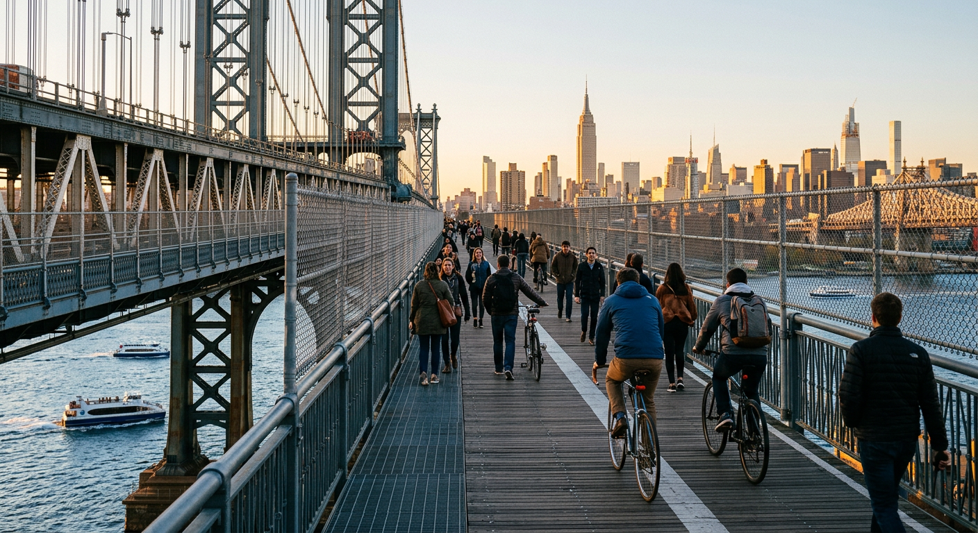 Cyclists and pedestrians sharing a narrow, fenced bridge path over the East River in Manhattan