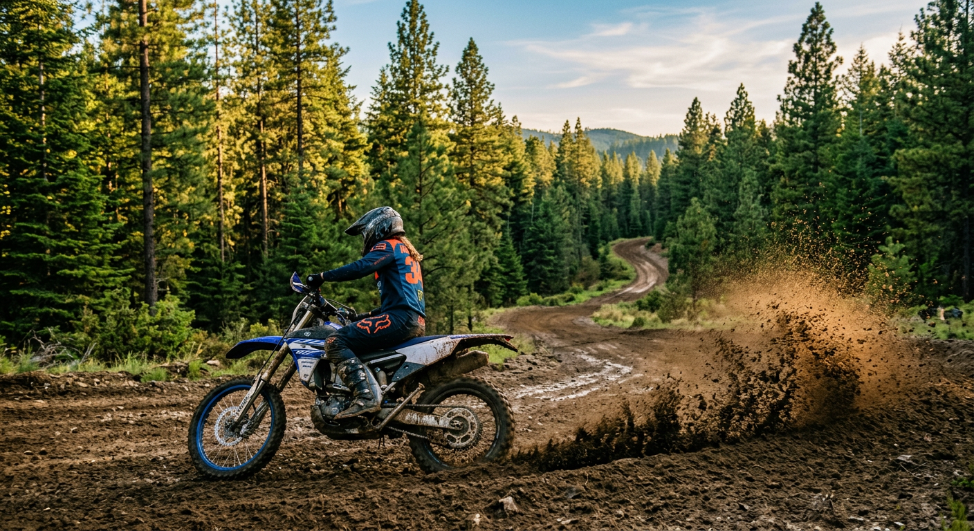 A rider kicking up wet soil on a graded dirt track bordered by pine trees
