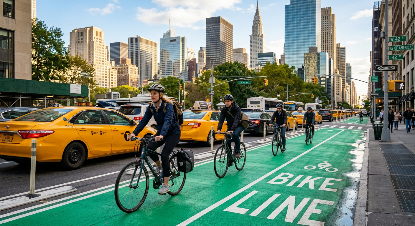 Cyclists navigating a bright green painted bike lane alongside yellow cabs in Manhattan
