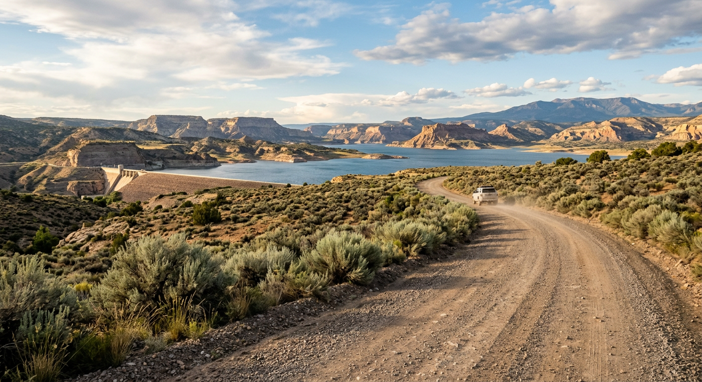 Dusty gravel road winding through sagebrush near Navajo Dam in New Mexico