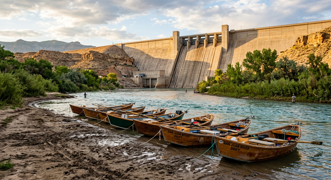 Drift boats lined up along the muddy banks of the San Juan River beneath the towering concrete of Navajo Dam