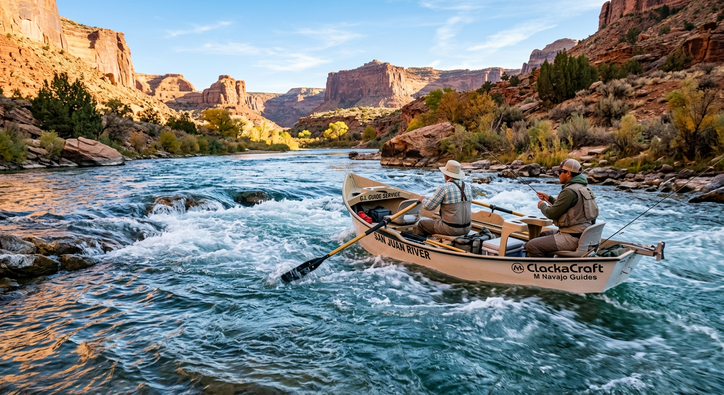 A drift boat navigating the clear, cold rapids of the San Juan River in New Mexico
