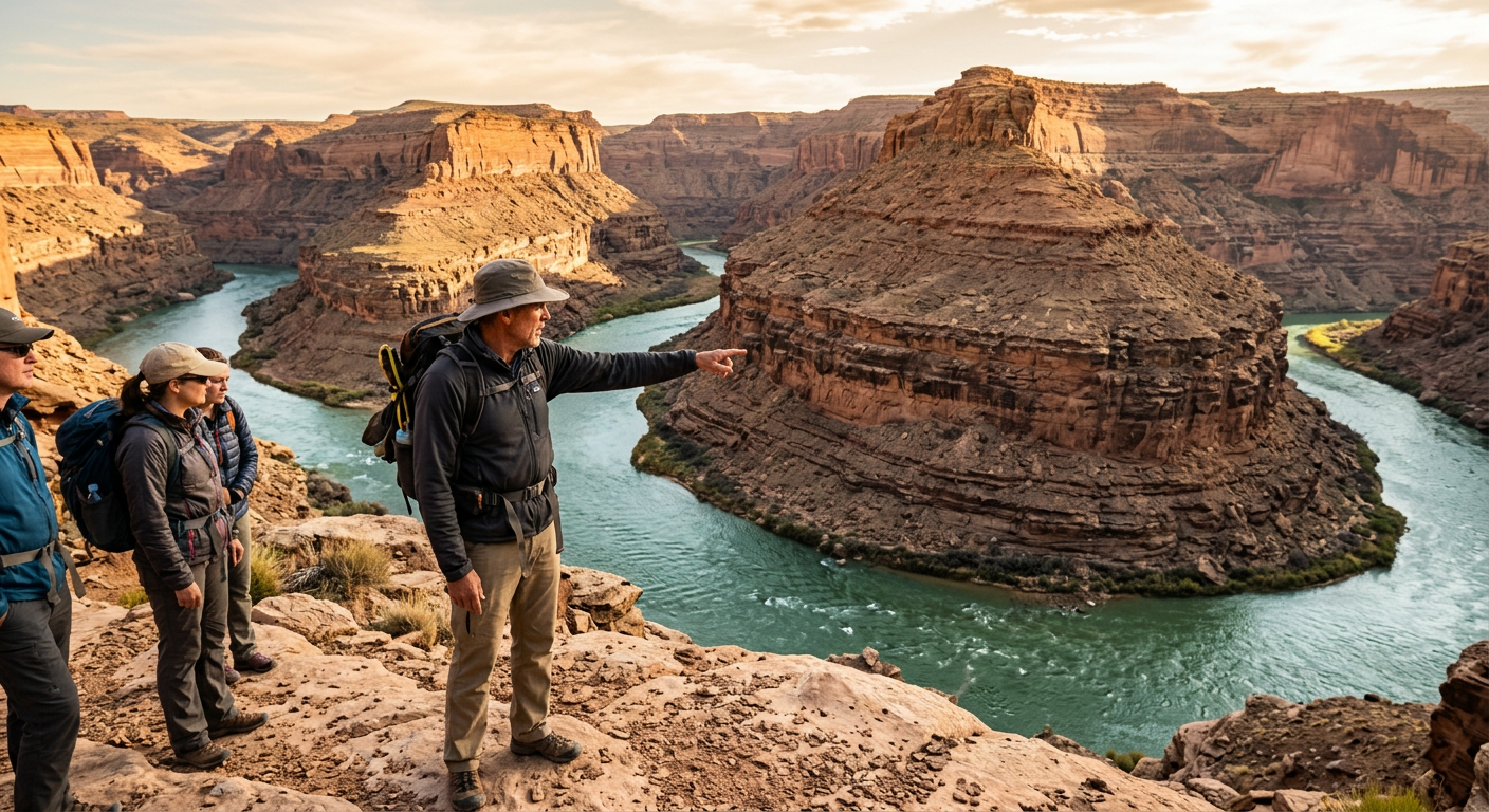 Guide pointing to water flow lines along the rocky banks of the San Juan River