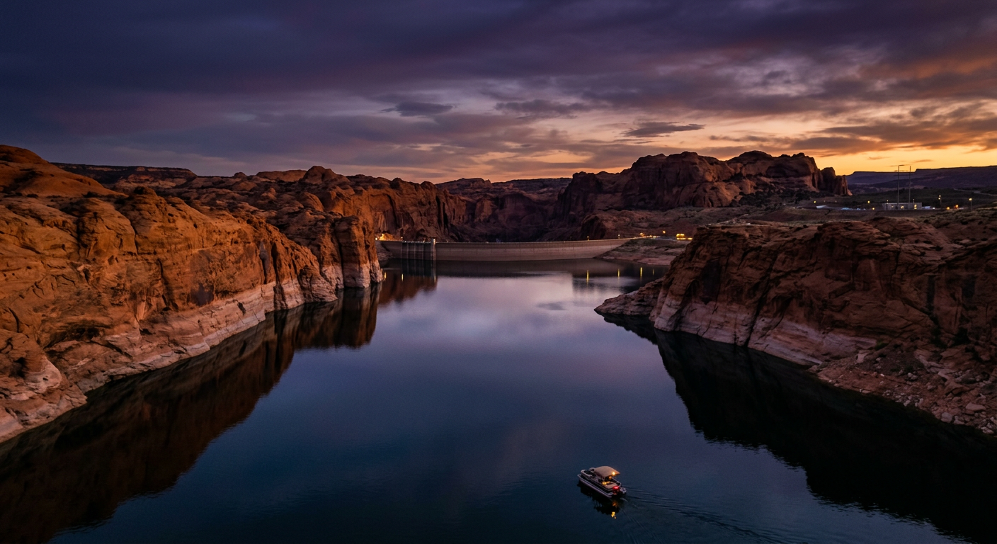 Dark purple evening sky over the calm waters and steep sandstone canyon walls of Navajo Dam
