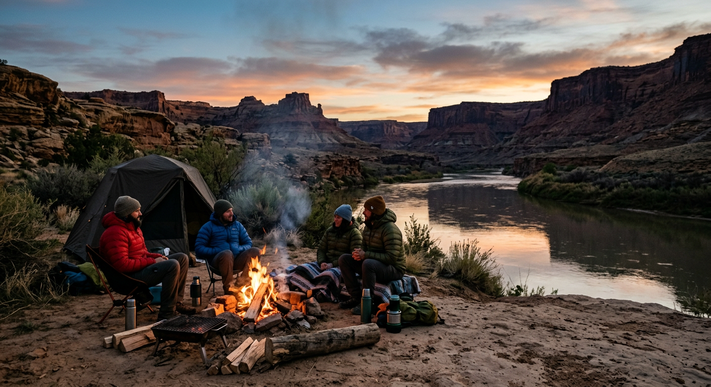 Campers in heavy jackets sitting by a fire near the San Juan River at dusk